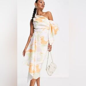 Pastel Abstract Print One-Shoulder Dress - White/Peach